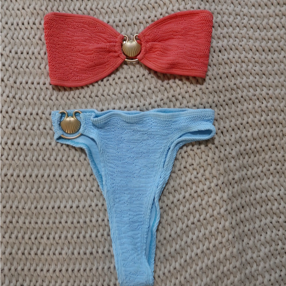 Coral and Blue Bikini Set with Gold Accents
